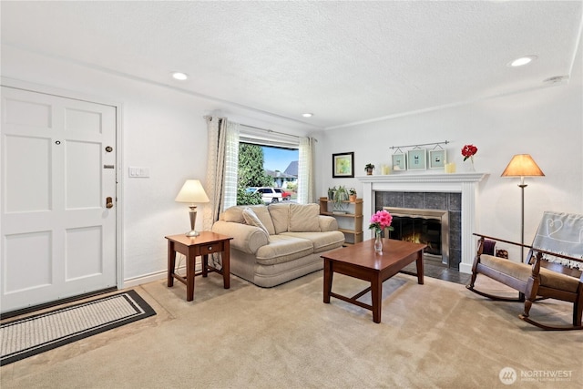 4325 E B St, Tacoma, WA 98404 - living area with light carpet, a fireplace, a textured ceiling, recessed lighting, and baseboards