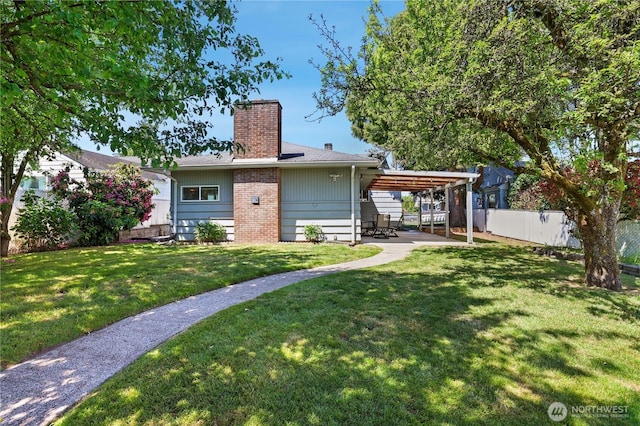 4325 E B St, Tacoma, WA 98404 - rear view of property with a chimney, a patio, and brick siding