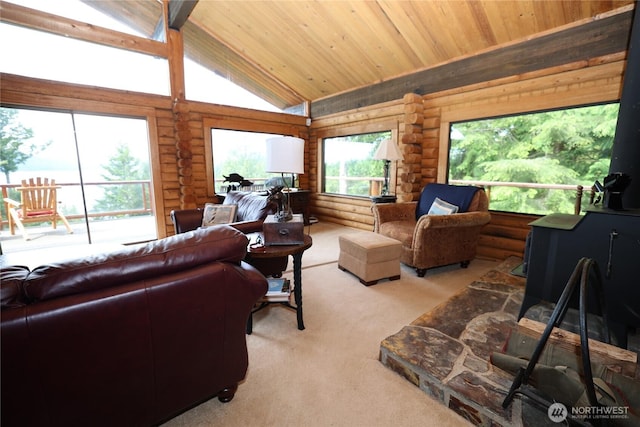 209 Marine Dr, Blakely Island, WA 98222 - living area with lofted ceiling, light carpet, log walls, and wood ceiling