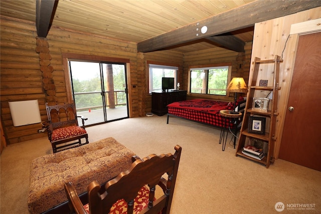 209 Marine Dr, Blakely Island, WA 98222 - bedroom with carpet floors, access to outside, and a wooden ceiling with exposed beams