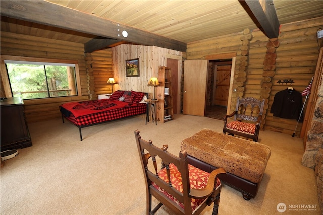 209 Marine Dr, Blakely Island, WA 98222 - bedroom featuring a wood ceiling with exposed beams, carpet floors, and rustic walls