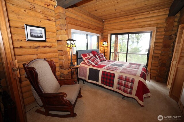 209 Marine Dr, Blakely Island, WA 98222 - bedroom with access to exterior, wood ceiling, and carpet floors
