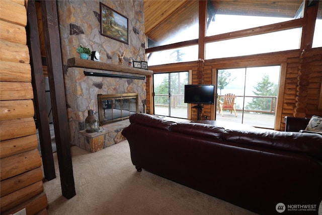 209 Marine Dr, Blakely Island, WA 98222 - living room featuring carpet flooring, a fireplace, rustic walls, high vaulted ceiling, and wooden ceiling