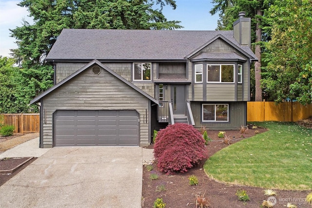 236 S 316th Pl, Federal Way, WA 98003 - split foyer home featuring driveway, a chimney, a garage, and roof with shingles