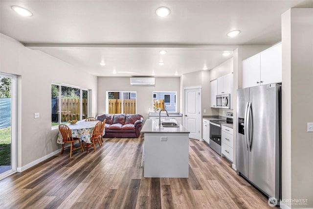 2912 Sandwood Ln, Blaine, WA 98230 - kitchen with appliances with stainless steel finishes, a sink, a wall unit AC, white cabinets, and open floor plan