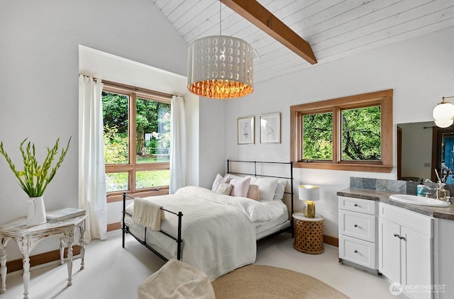 26742 94th Ave SW, Vashon, WA 98070 - bedroom featuring a sink, multiple windows, baseboards, and wooden ceiling