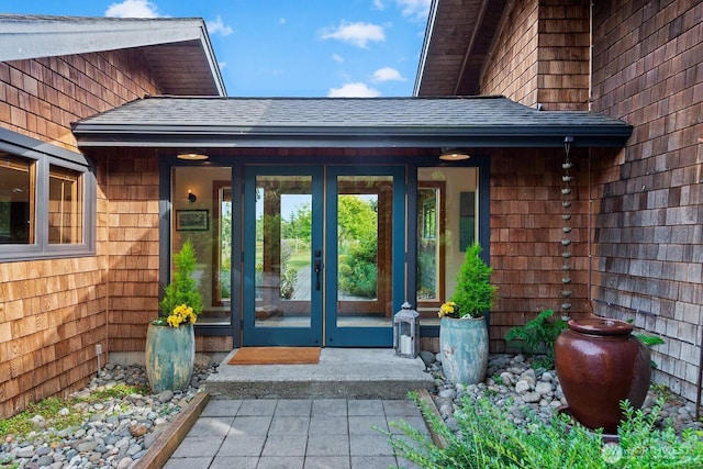 26742 94th Ave SW, Vashon, WA 98070 - doorway to property with french doors and a shingled roof