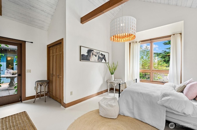 26742 94th Ave SW, Vashon, WA 98070 - bedroom featuring baseboards, a chandelier, and wooden ceiling