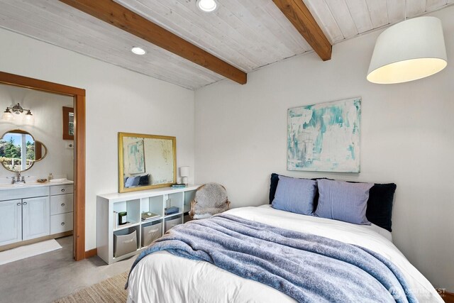 26742 94th Ave SW, Vashon, WA 98070 - bedroom featuring recessed lighting, ensuite bathroom, a sink, light carpet, and wooden ceiling with exposed beams