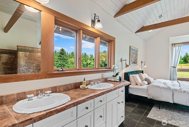 26742 94th Ave SW, Vashon, WA 98070 - ensuite bathroom with double vanity, tile patterned flooring, and wood ceiling