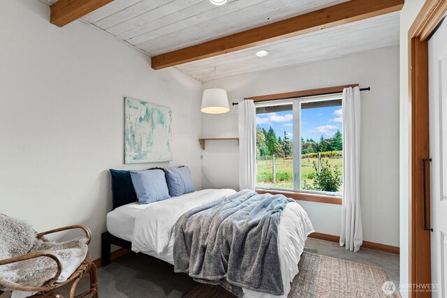 26742 94th Ave SW, Vashon, WA 98070 - bedroom with carpet, baseboards, wooden ceiling with exposed beams, and recessed lighting