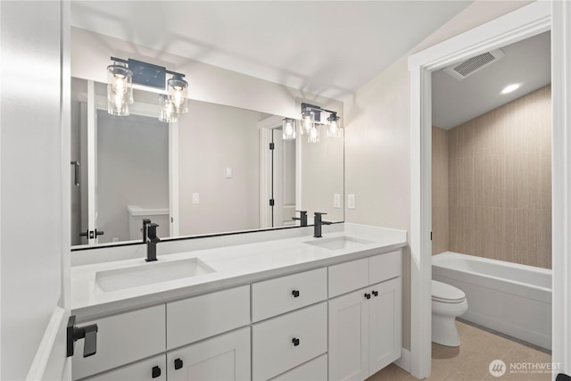 19 Inglewood Pl, Bellingham, WA 98229 - bathroom featuring toilet, double vanity, a bathtub, and tile patterned floors