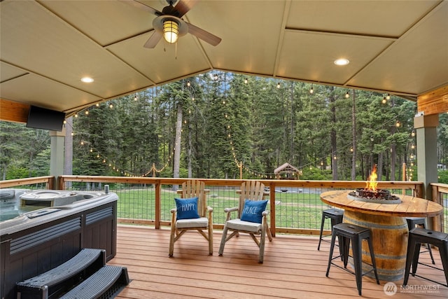 1091 Big Horn Way, Cle Elum, WA 98922 - wooden terrace with a fire pit, ceiling fan, and a lawn