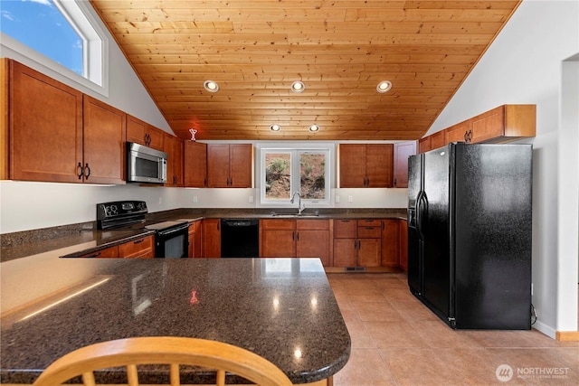 340 W Beach Dr, Orondo, WA 98843 - kitchen with black appliances, wood ceiling, a sink, lofted ceiling, and recessed lighting