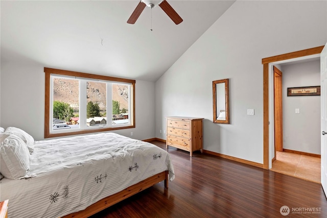 340 W Beach Dr, Orondo, WA 98843 - bedroom featuring vaulted ceiling, wood finished floors, baseboards, and a ceiling fan
