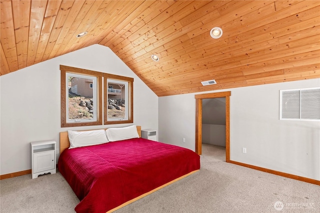 340 W Beach Dr, Orondo, WA 98843 - bedroom with wood ceiling, carpet, lofted ceiling, and baseboards
