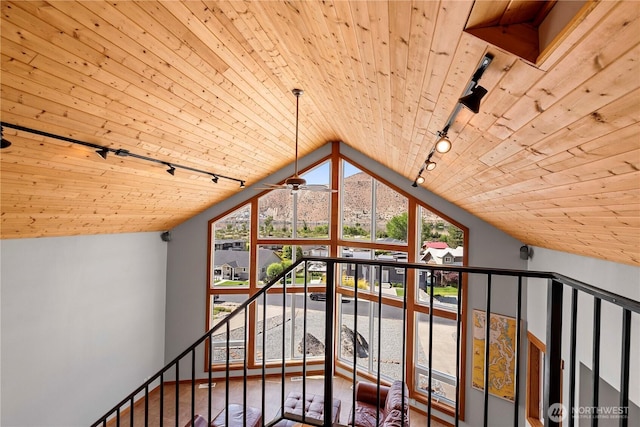 340 W Beach Dr, Orondo, WA 98843 - detailed view of track lighting, wood ceiling, ceiling fan, and mountains