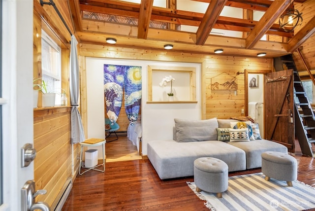 451 Aspen Springs Rd, Cle Elum, WA 98922 - living area with wooden walls, baseboard heating, wood finished floors, and beamed ceiling