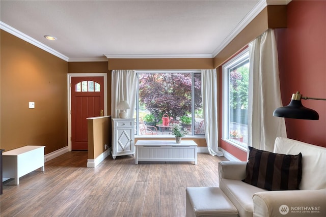 245 Shady Glen Ave, Point Roberts, WA 98281 - entryway with baseboards, wood finished floors, crown molding, plenty of natural light, and recessed lighting