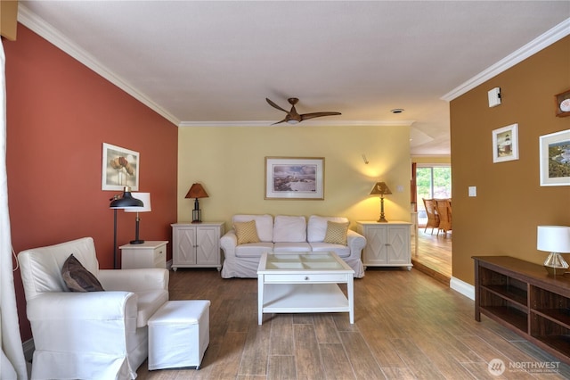 245 Shady Glen Ave, Point Roberts, WA 98281 - living area with ceiling fan, wood finished floors, ornamental molding, and baseboards