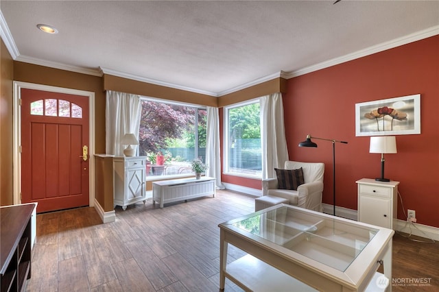 245 Shady Glen Ave, Point Roberts, WA 98281 - living room featuring wood finished floors, baseboards, crown molding, and recessed lighting