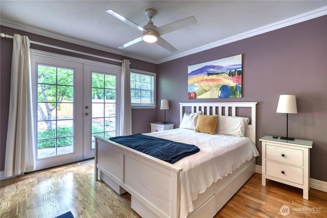 245 Shady Glen Ave, Point Roberts, WA 98281 - bedroom with access to exterior, light wood finished floors, ornamental molding, french doors, and a ceiling fan