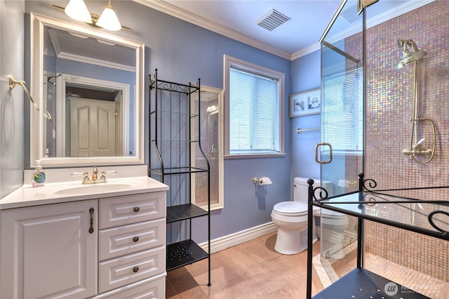 245 Shady Glen Ave, Point Roberts, WA 98281 - full bathroom with toilet, vanity, crown molding, a stall shower, and baseboards