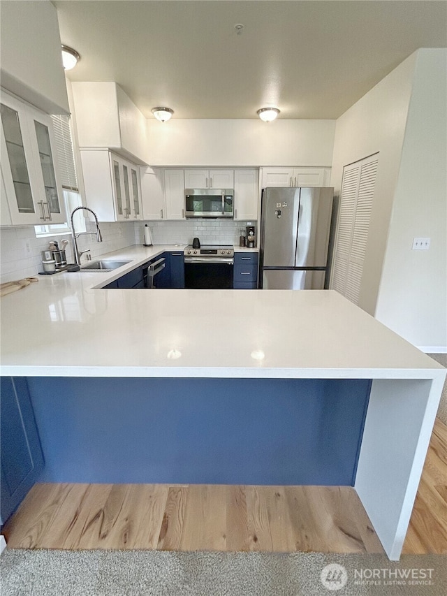 2648 Erwin Ave, Dupont, WA 98327 - kitchen with stainless steel appliances, a sink, decorative backsplash, a peninsula, and light countertops