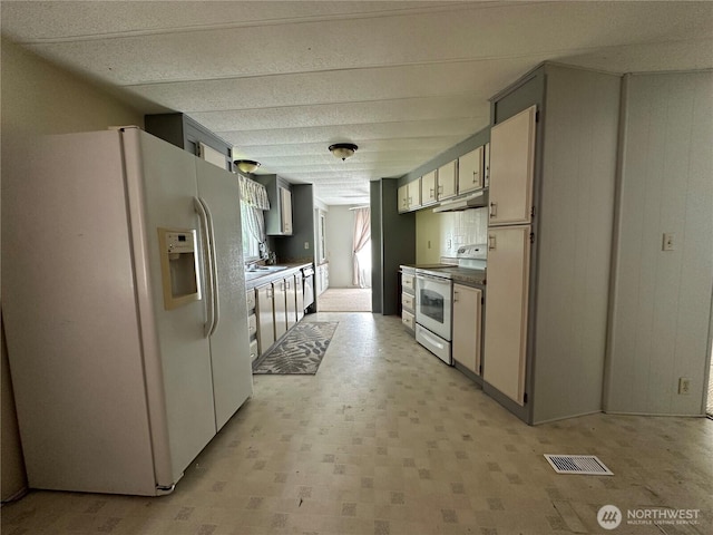 11615 Nisqually Park Loop SE, Olympia, WA 98513 - kitchen with white appliances, under cabinet range hood, a sink, and light flooring
