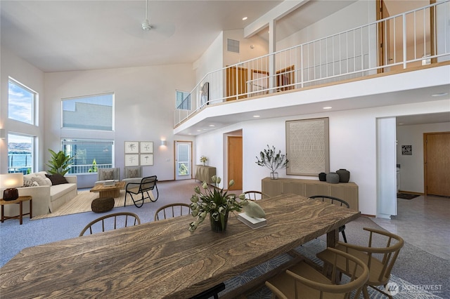 4270 US Highway 97a, Chelan, WA 98816 - dining room with a towering ceiling, carpet flooring, beam ceiling, baseboards, and ceiling fan
