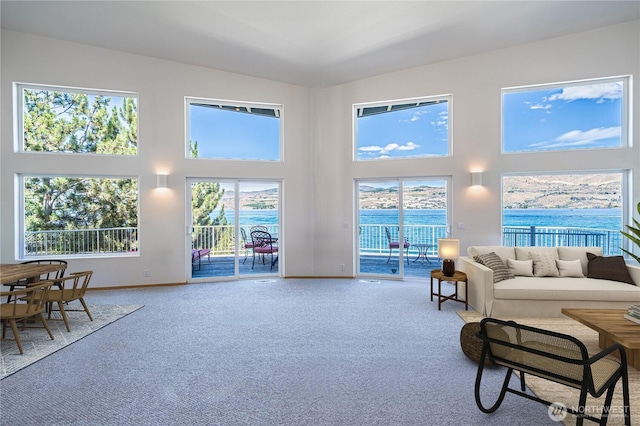 4270 US Highway 97a, Chelan, WA 98816 - living area with a high ceiling, carpet, a water view, and baseboards