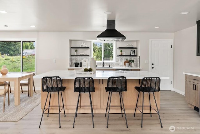 11433 SE 244th St, Kent, WA 98030 - kitchen with open shelves, light wood-style floors, light countertops, decorative backsplash, and recessed lighting