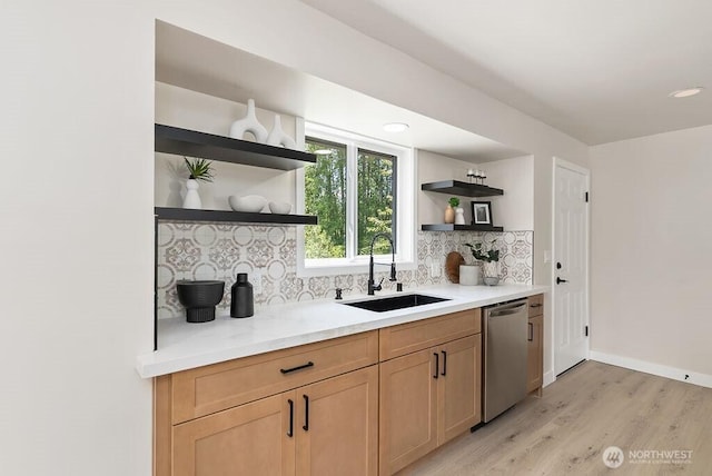 11433 SE 244th St, Kent, WA 98030 - kitchen with open shelves, dishwasher, a sink, backsplash, and light wood finished floors