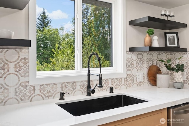 11433 SE 244th St, Kent, WA 98030 - kitchen featuring a sink, dishwasher, open shelves, backsplash, and light stone countertops