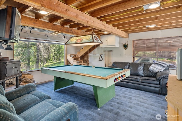 622 Wagon Wheel Rd, Cle Elum, WA 98922 - recreation room with pool table, carpet, and a wood stove