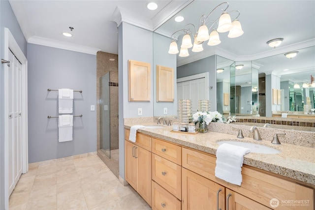 177 107th Ave NE Unit 2401, Bellevue, WA 98004 - bathroom with double vanity, ornamental molding, walk in shower, a chandelier, and recessed lighting