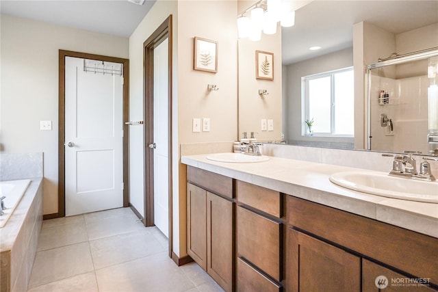 3361 Inverness St, Mount Vernon, WA 98273 - full bath with double vanity, a garden tub, a shower stall, and tile patterned flooring