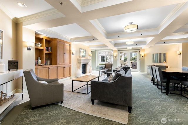 1525 NW 57th St Unit 109, Seattle, WA 98107 - living area with coffered ceiling, a high end fireplace, carpet, crown molding, and baseboards