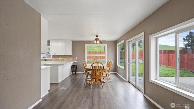427 E Dayton Ave, Dayton, WA 99328 - dining space featuring wood finished floors, ceiling fan, and baseboards
