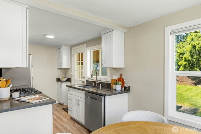 14011 Wallingford Ave N, Seattle, WA 98133 - kitchen with stainless steel dishwasher, a sink, dark countertops, white cabinets, and light wood-style flooring