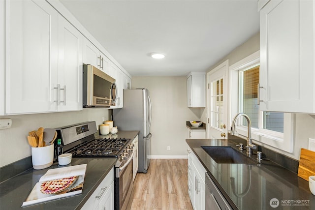 14011 Wallingford Ave N, Seattle, WA 98133 - kitchen featuring appliances with stainless steel finishes, a sink, light wood-style flooring, white cabinets, and baseboards