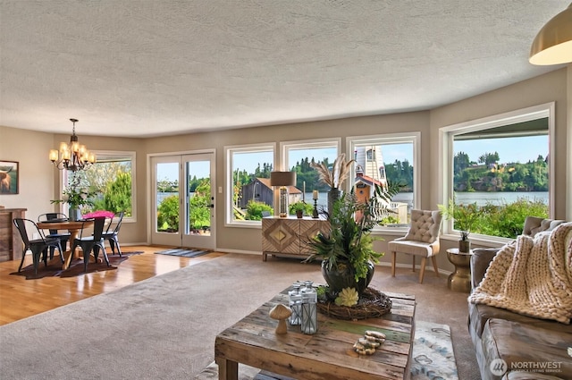 293 State Route 409, Cathlamet, WA 98612 - living area with a chandelier, carpet flooring, healthy amount of natural light, a textured ceiling, and baseboards