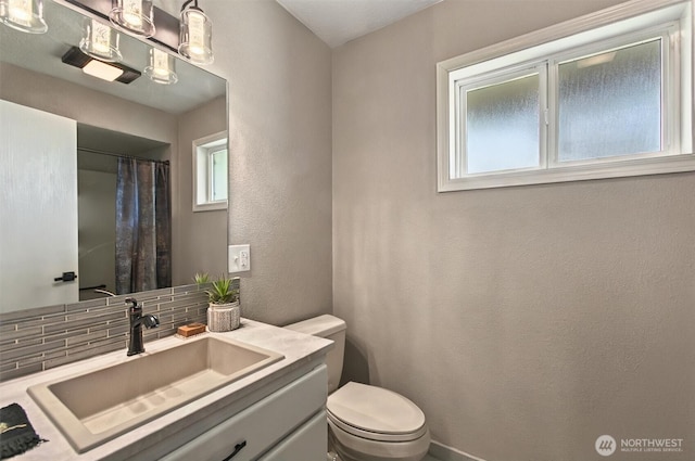 293 State Route 409, Cathlamet, WA 98612 - bathroom featuring toilet, plenty of natural light, vanity, tasteful backsplash, and a textured wall