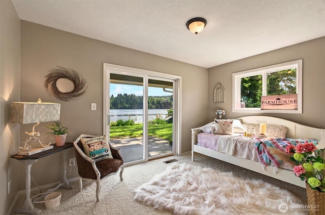 293 State Route 409, Cathlamet, WA 98612 - bedroom featuring access to exterior, multiple windows, carpet flooring, and a water view
