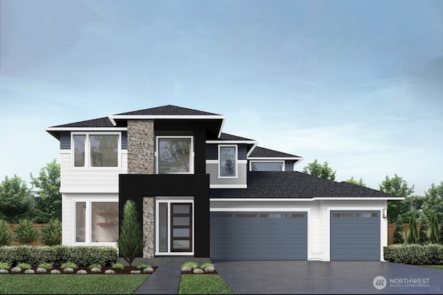 4140 Reef Rd SW, Port Orchard, WA 98367 - view of front of property featuring stone siding, concrete driveway, a garage, and a shingled roof
