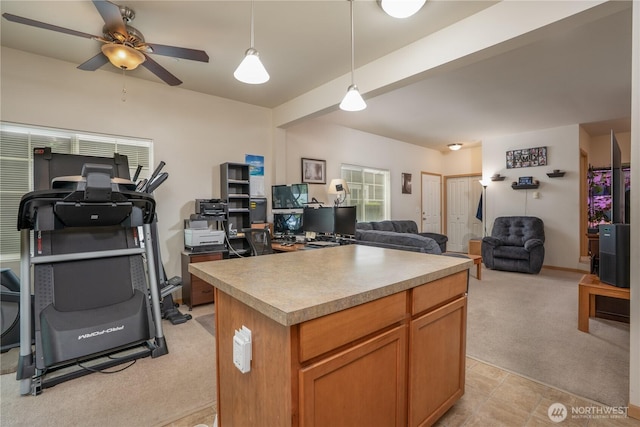 6018 Illinois Ln SE Unit B, Lacey, WA 98513 - kitchen with open floor plan, light carpet, a desk, a ceiling fan, and hanging light fixtures