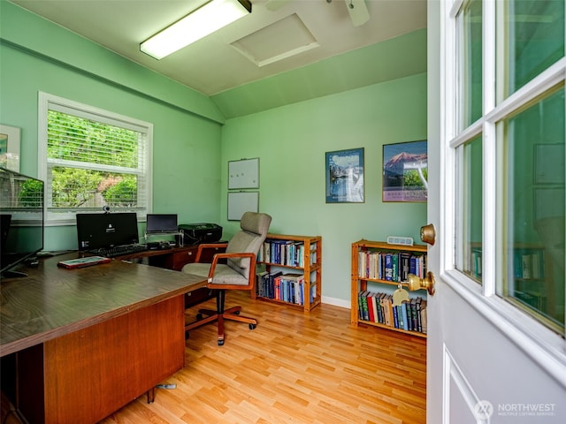 1717 24th Ave Court SE, Puyallup, WA 98374 - office featuring attic access, vaulted ceiling, light wood-style flooring, and baseboards