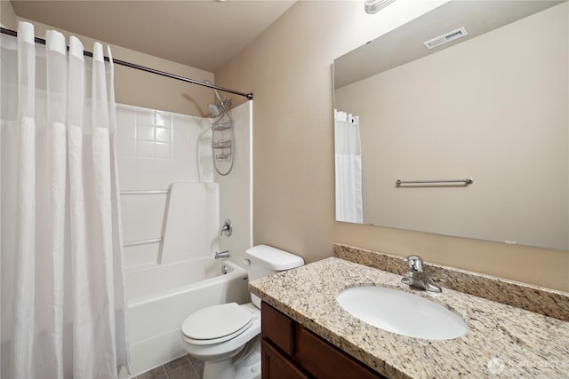 9831 198th St E, Graham, WA 98338 - bathroom featuring toilet, vanity, shower / tub combo with curtain, and tile patterned floors