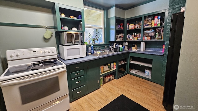 107 Carrolls Ave, Carrolls, WA 98609 - kitchen featuring white appliances, open shelves, green cabinetry, and a sink