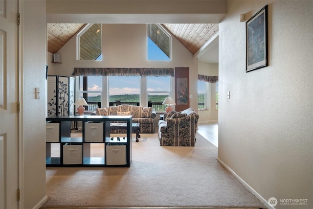 14647 NW Honeyhill Loop, Seabeck, WA 98380 - corridor featuring wooden ceiling, carpet flooring, plenty of natural light, high vaulted ceiling, and baseboards